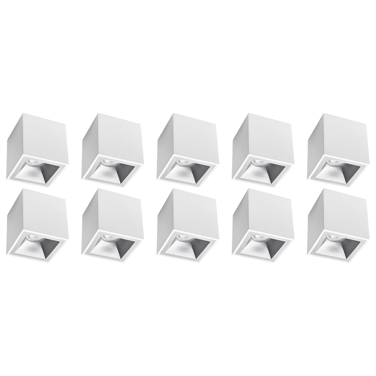 Opbouwspot 10 Pack - Pragmi Cliron Pro - GU10 Fitting - Opbouw Vierkant - Mat Wit/Zilver - Aluminium - Verdiept - Ø90mm