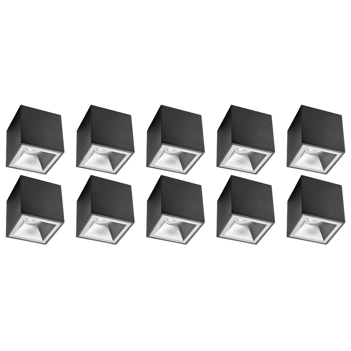 Opbouwspot 10 Pack - Pragmi Cliron Pro - GU10 Fitting - Opbouw Vierkant - Mat Zwart/Zilver - Aluminium - Verdiept - Ø90mm