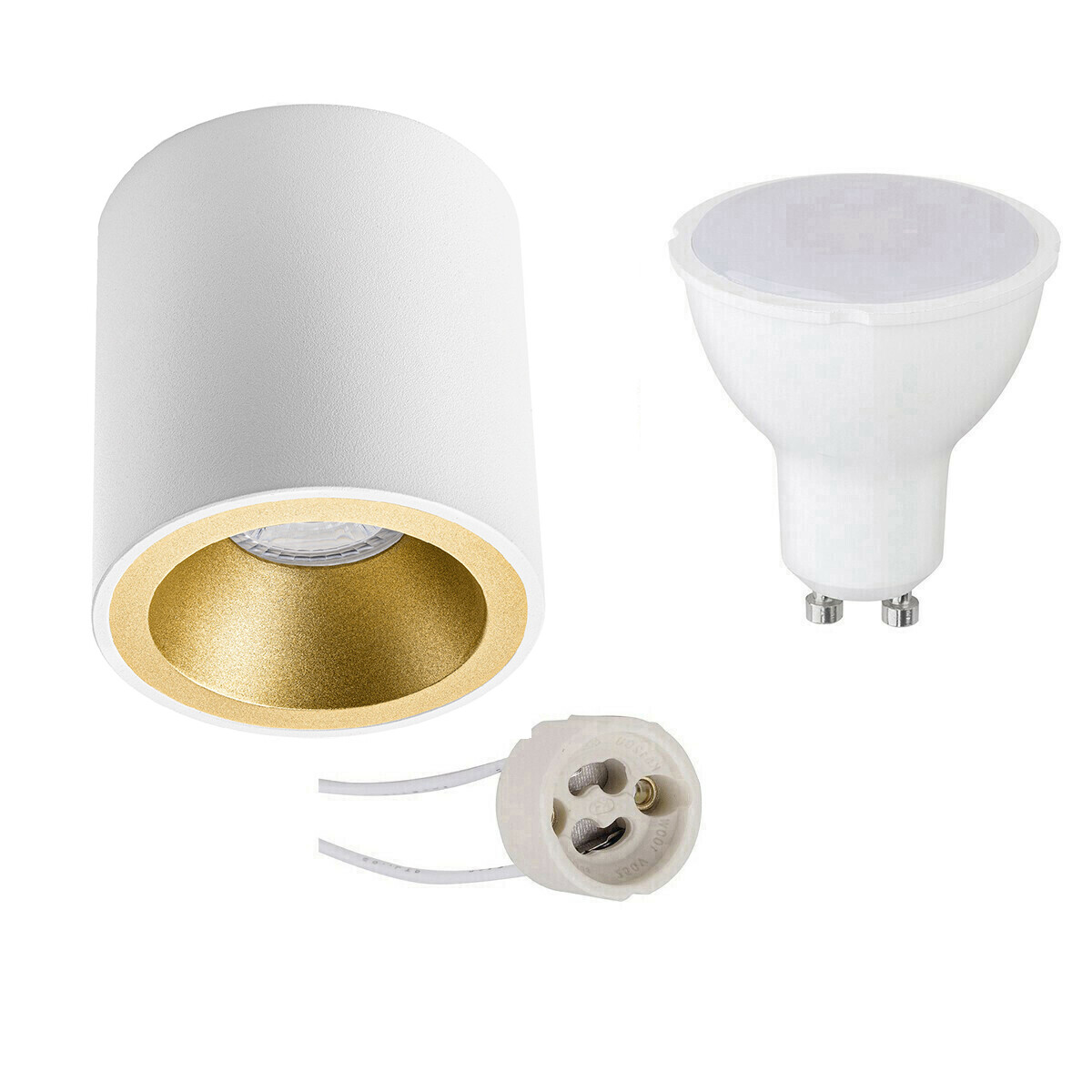 Opbouwspot Set - Aigi - Pragmi Cliron Pro - GU10 Fitting - Opbouw Rond - Mat Wit/Goud - 8W - Helder/Koud Wit 6400K - Verdiept - Ø90mm