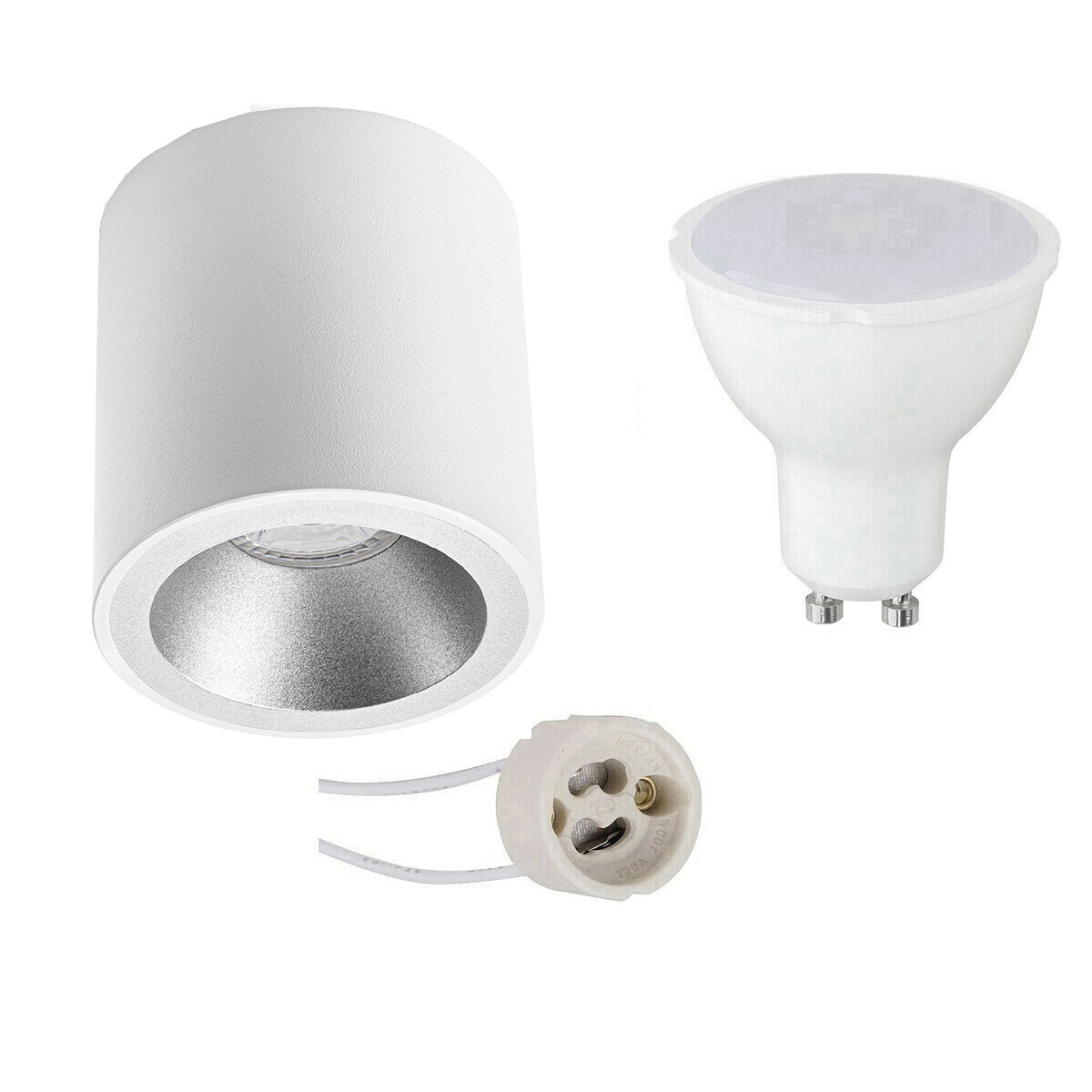 Opbouwspot Set - Aigi - Pragmi Cliron Pro - GU10 Fitting - Opbouw Rond - Mat Wit/Zilver - 8W - Helder/Koud Wit 6400K - Verdiept - Ø90mm