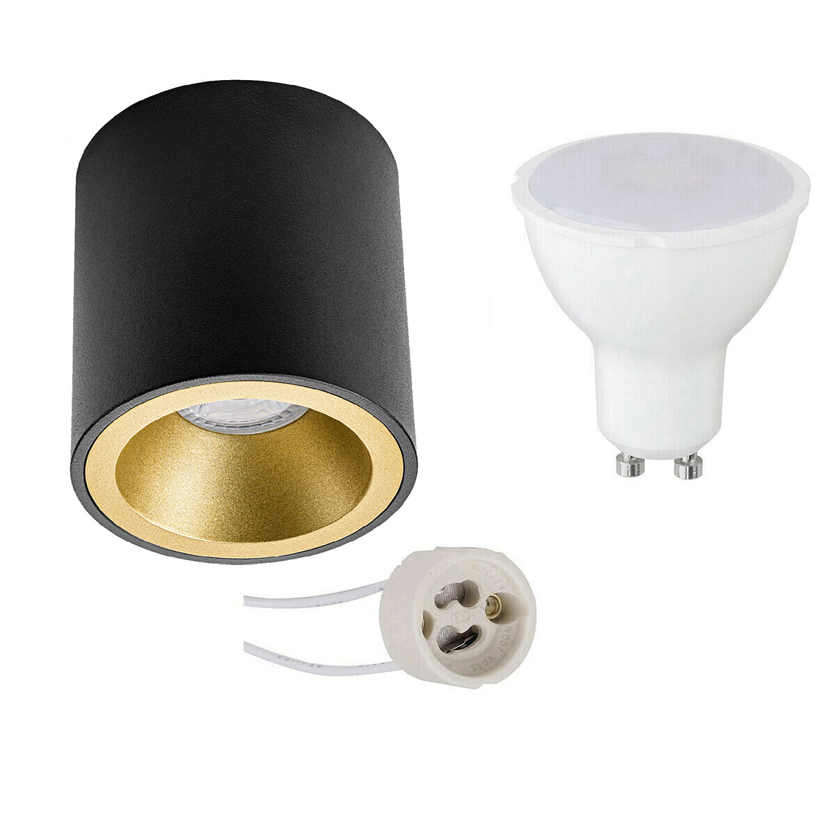 Opbouwspot Set - Pragmi Cliron Pro - GU10 Fitting - Opbouw Rond - Mat Zwart/Goud - 4W - Natuurlijk Wit 4200K - Verdiept - Ø90mm