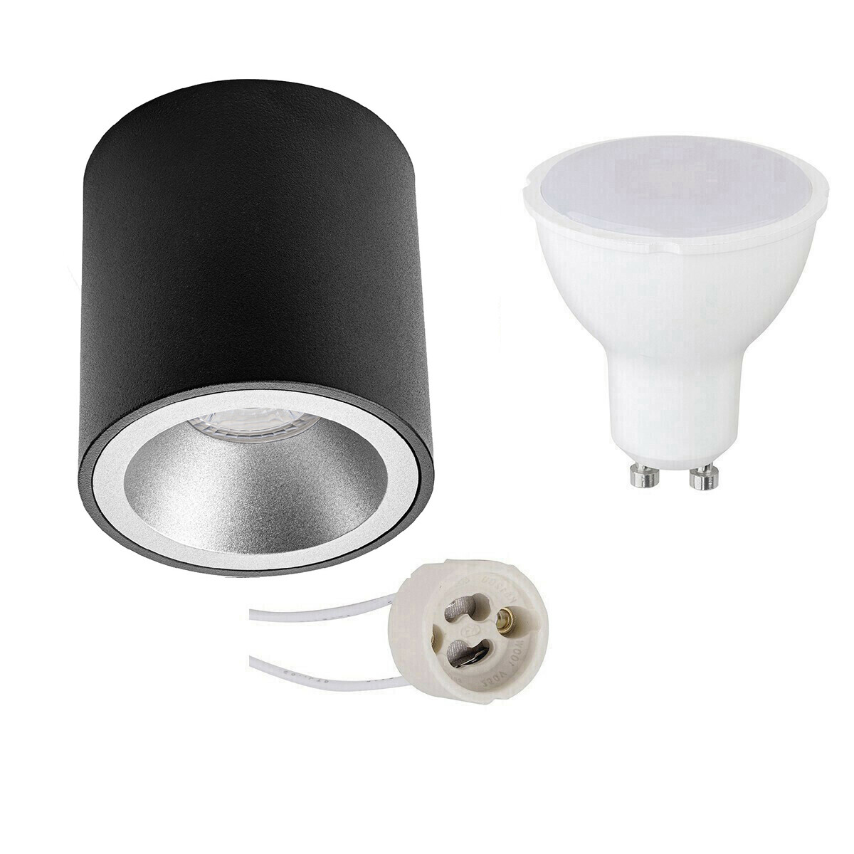 Opbouwspot Set - Pragmi Cliron Pro - GU10 Fitting - Opbouw Rond - Mat Zwart/Zilver - 4W - Warm Wit 3000K - Verdiept - Ø90mm