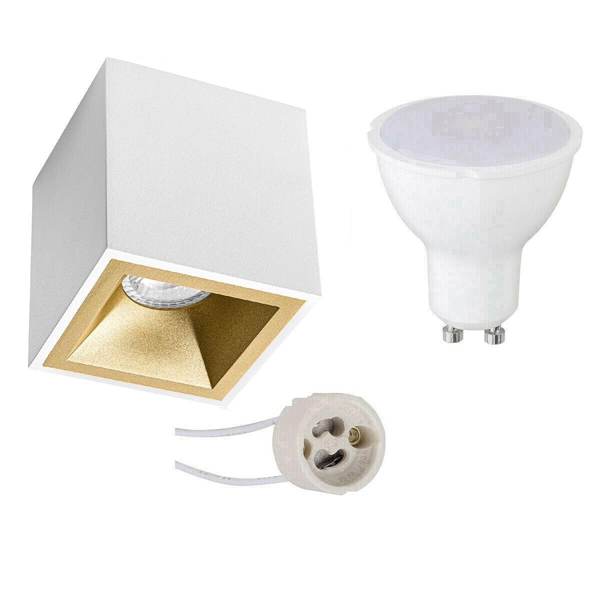 Opbouwspot Set - Pragmi Cliron Pro - GU10 Fitting - Opbouw Vierkant - Mat Wit/Goud - 4W - Warm Wit 3000K - Verdiept - 90mm