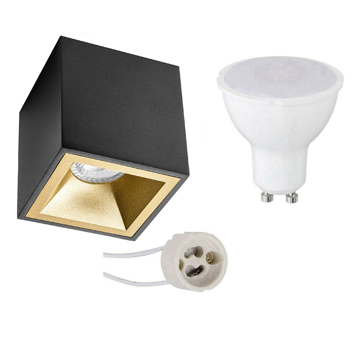 Opbouwspot Set - Pragmi Cliron Pro - GU10 Fitting - Opbouw Vierkant - Mat Zwart/Goud - 4W - Natuurlijk Wit 4200K - Verdiept - 90mm