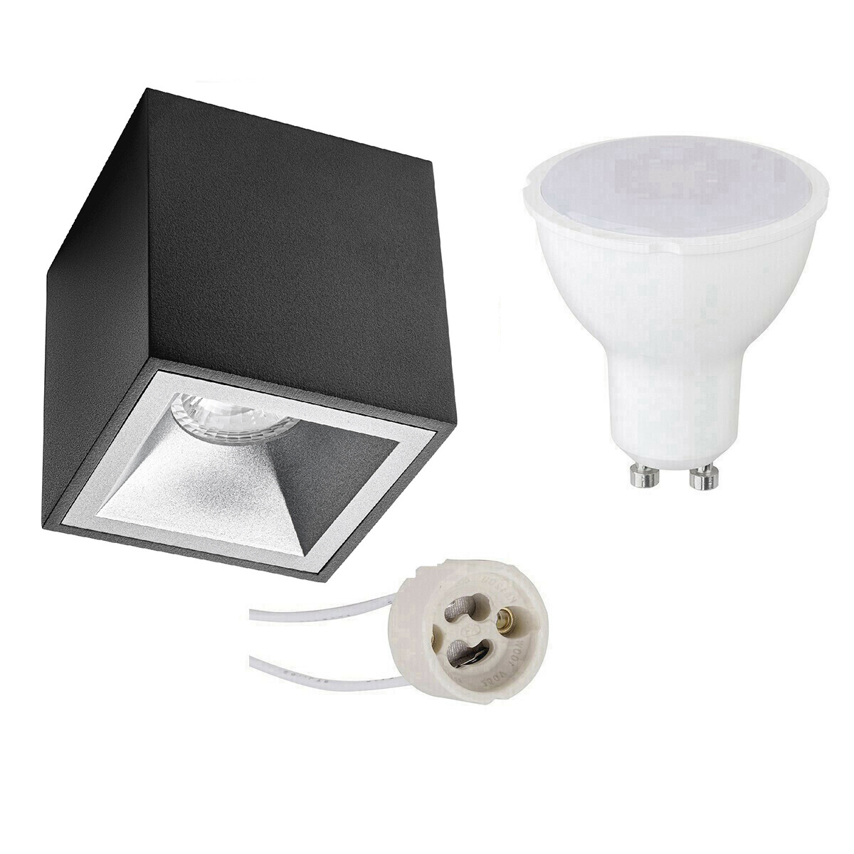 Opbouwspot Set - Pragmi Cliron Pro - GU10 Fitting - Opbouw Vierkant - Mat Zwart/Zilver - 6W - Warm Wit 3000K - Verdiept - 90mm