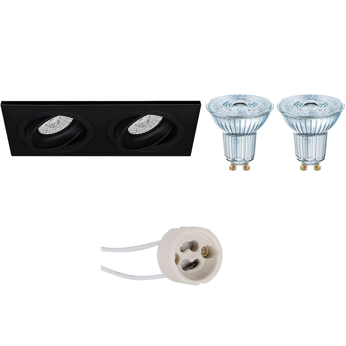 LED Spot Set - LEDVANCE Parathom PAR16 930 36D - Pragmi Borny Pro - GU10 Fitting - Dimbaar - Inbouw Rechthoek Dubbel - Mat Zwart - 3.4W - Warm Wit 3000K - Kantelbaar - 175x92mm