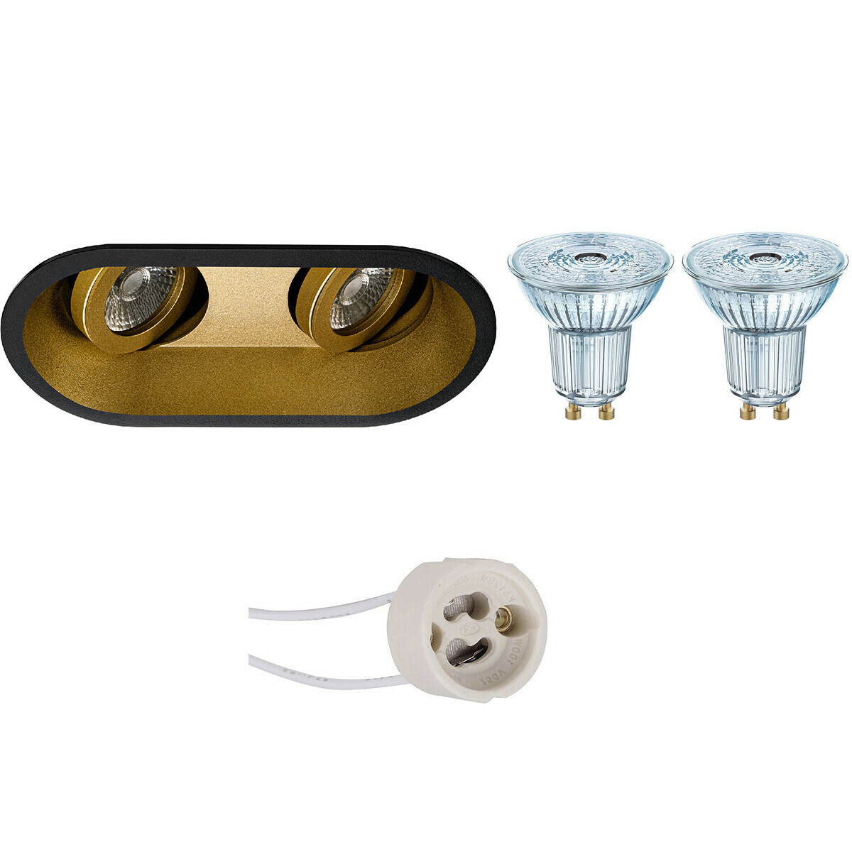 LED Spot Set - LEDVANCE Parathom PAR16 940 36D - Pragmi Zano Pro - GU10 Fitting - Dimbaar - Inbouw Ovaal Dubbel - Mat Zwart/Goud - 4.5W - Natuurlijk Wit 4000K - Kantelbaar - 185x93mm