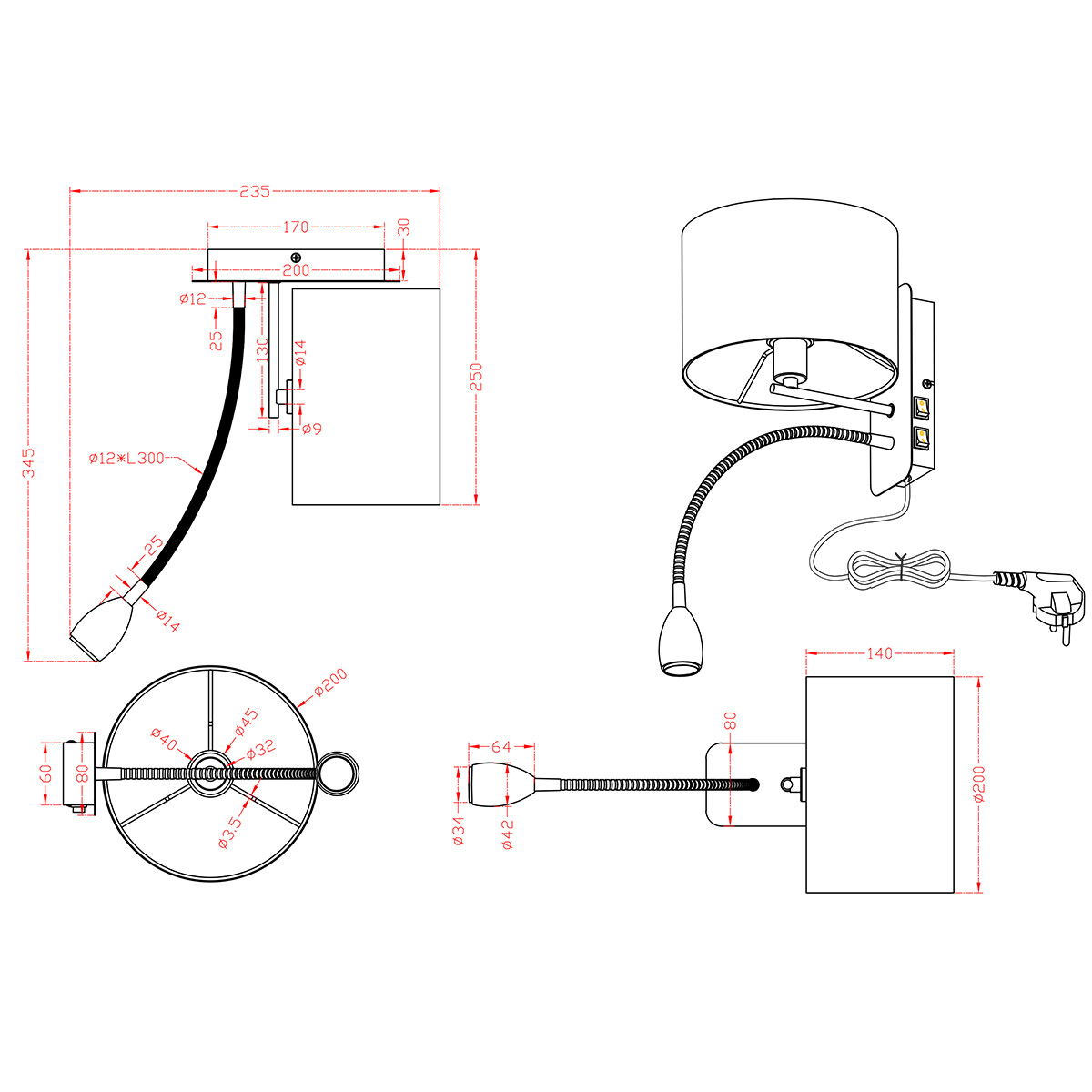 LED Wandlamp - Trion Hotia - E14 Fitting - 3W - Warm Wit 3000K - Rond - Mat Zwart - Aluminium - OSRAM LEDs