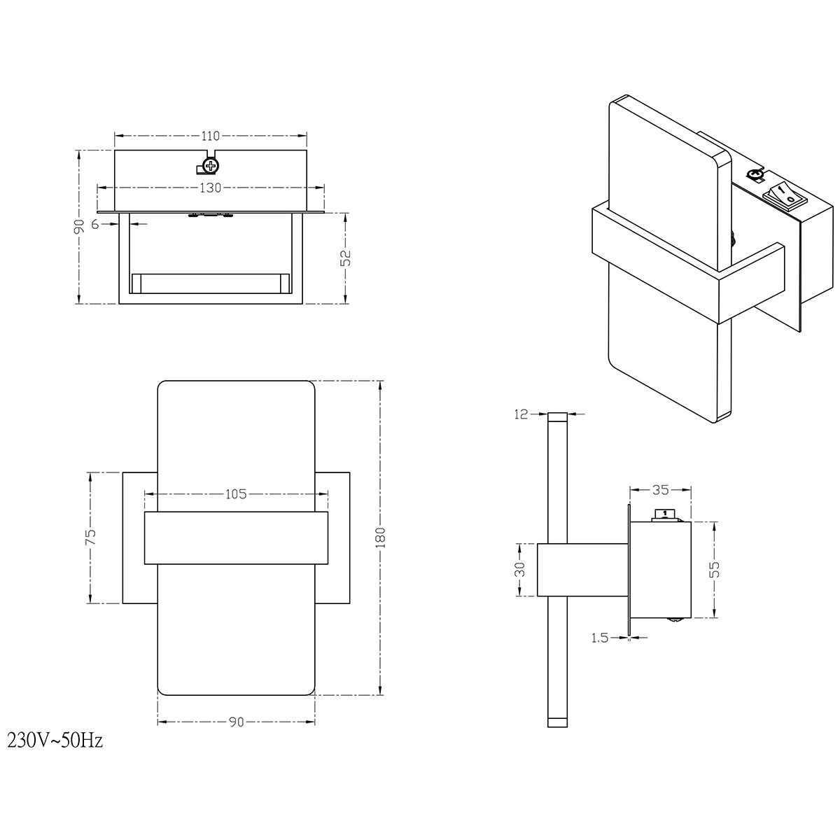 LED Wandspot - Trion Plankton - 4W - Warm Wit 3000K - 1-lichts - Rechthoek - Mat Grijs - Aluminium - OSRAM LEDs