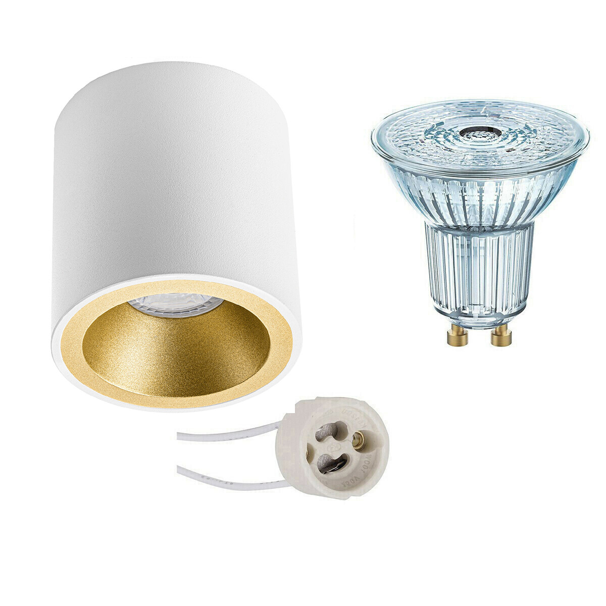 Opbouwspot Set - LEDVANCE Parathom PAR16 940 36D - Pragmi Cliron Pro - GU10 Fitting - Dimbaar - Opbouw Rond - Mat Wit/Goud - 4.5W - Natuurlijk Wit 4000K - Verdiept - Ø90mm