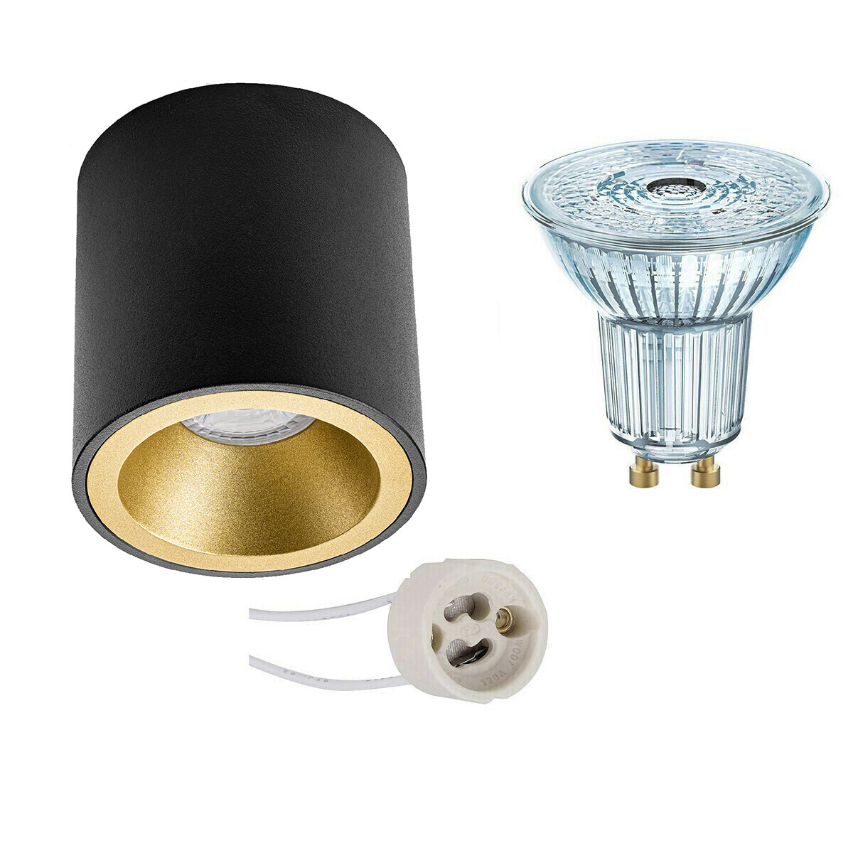 Opbouwspot Set - LEDVANCE Parathom PAR16 940 36D - Pragmi Cliron Pro - GU10 Fitting - Dimbaar - Opbouw Rond - Mat Zwart/Goud - 3.4W - Natuurlijk Wit 4000K - Verdiept - Ø90mm