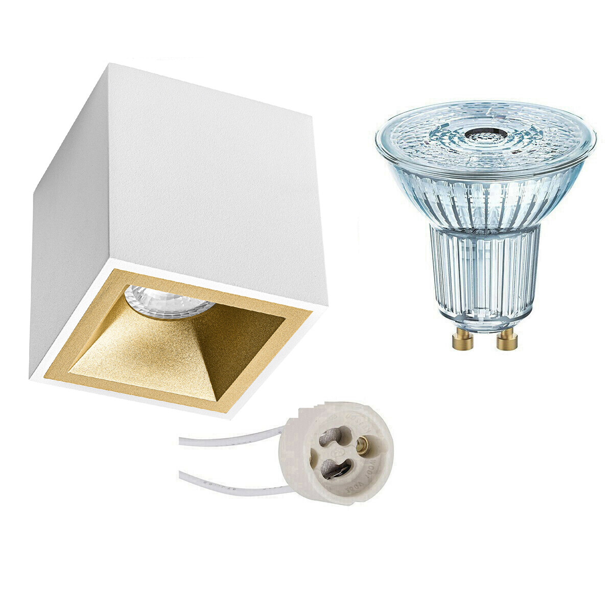 Opbouwspot Set - OSRAM Parathom PAR16 927 36D - Pragmi Cliron Pro - GU10 Fitting - Dimbaar - Opbouw Vierkant - Mat Wit/Goud - 3.7W - Warm Wit 2700K - Verdiept - 90mm