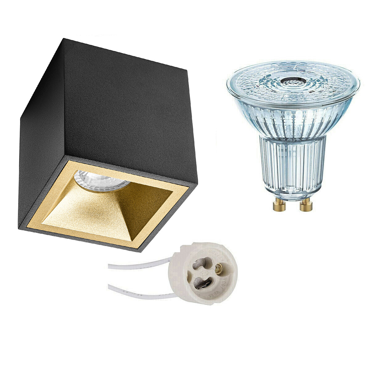 Opbouwspot Set - LEDVANCE Parathom PAR16 927 36D - Pragmi Cliron Pro - GU10 Fitting - Dimbaar - Opbouw Vierkant - Mat Zwart/Goud - 3.4W - Warm Wit 2700K - Verdiept - 90mm