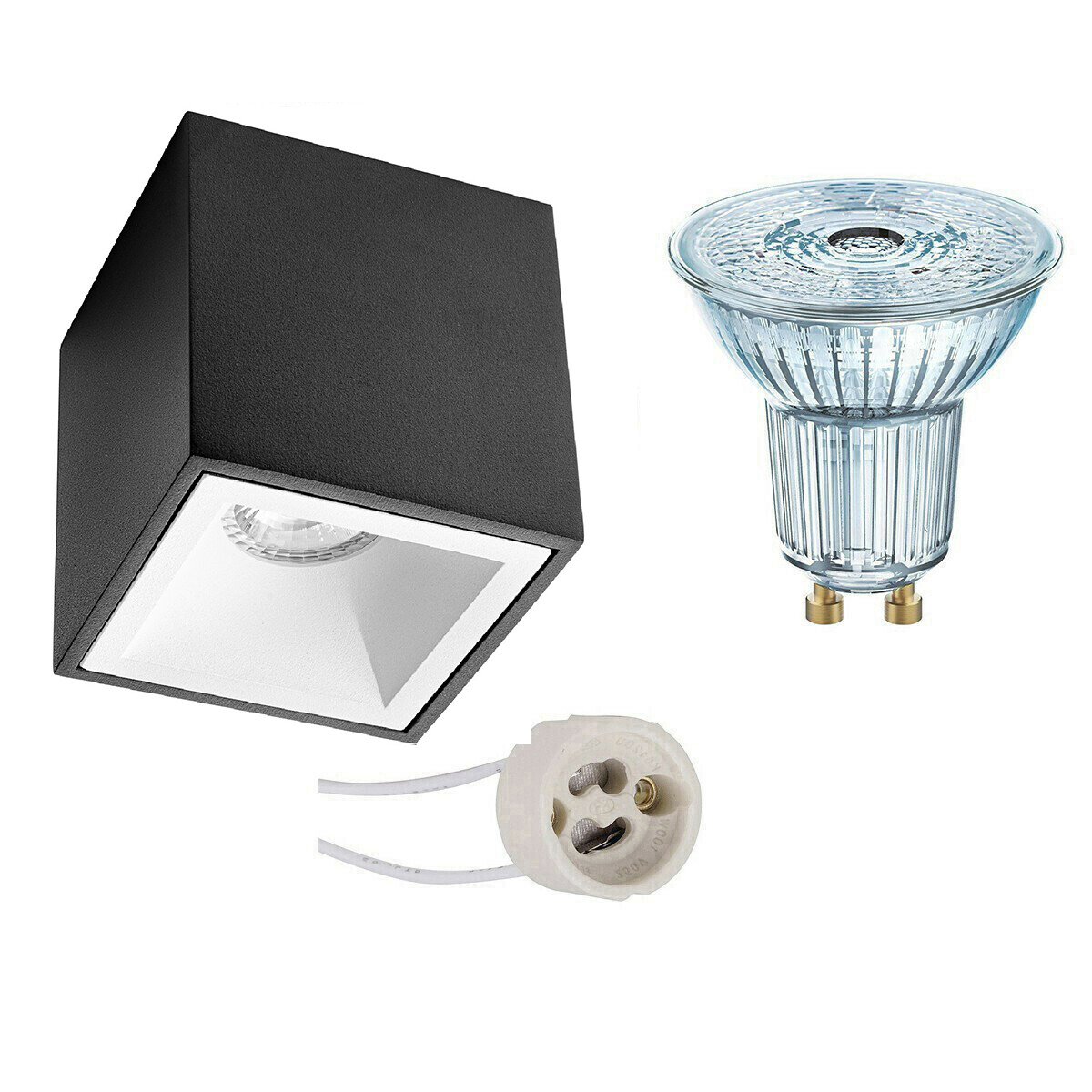 Opbouwspot Set - LEDVANCE Parathom PAR16 927 36D - Pragmi Cliron Pro - GU10 Fitting - Dimbaar - Opbouw Vierkant - Mat Zwart/Wit - 4.5W - Warm Wit 2700K - Verdiept - 90mm