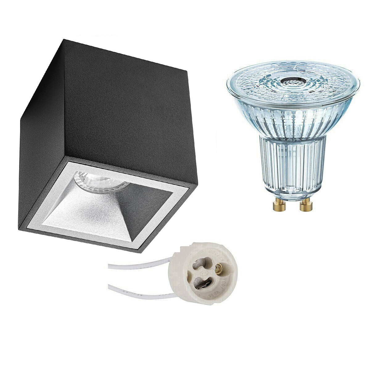 Opbouwspot Set - LEDVANCE Parathom PAR16 927 36D - Pragmi Cliron Pro - GU10 Fitting - Dimbaar - Opbouw Vierkant - Mat Zwart/Zilver - 4.5W - Warm Wit 2700K - Verdiept - 90mm