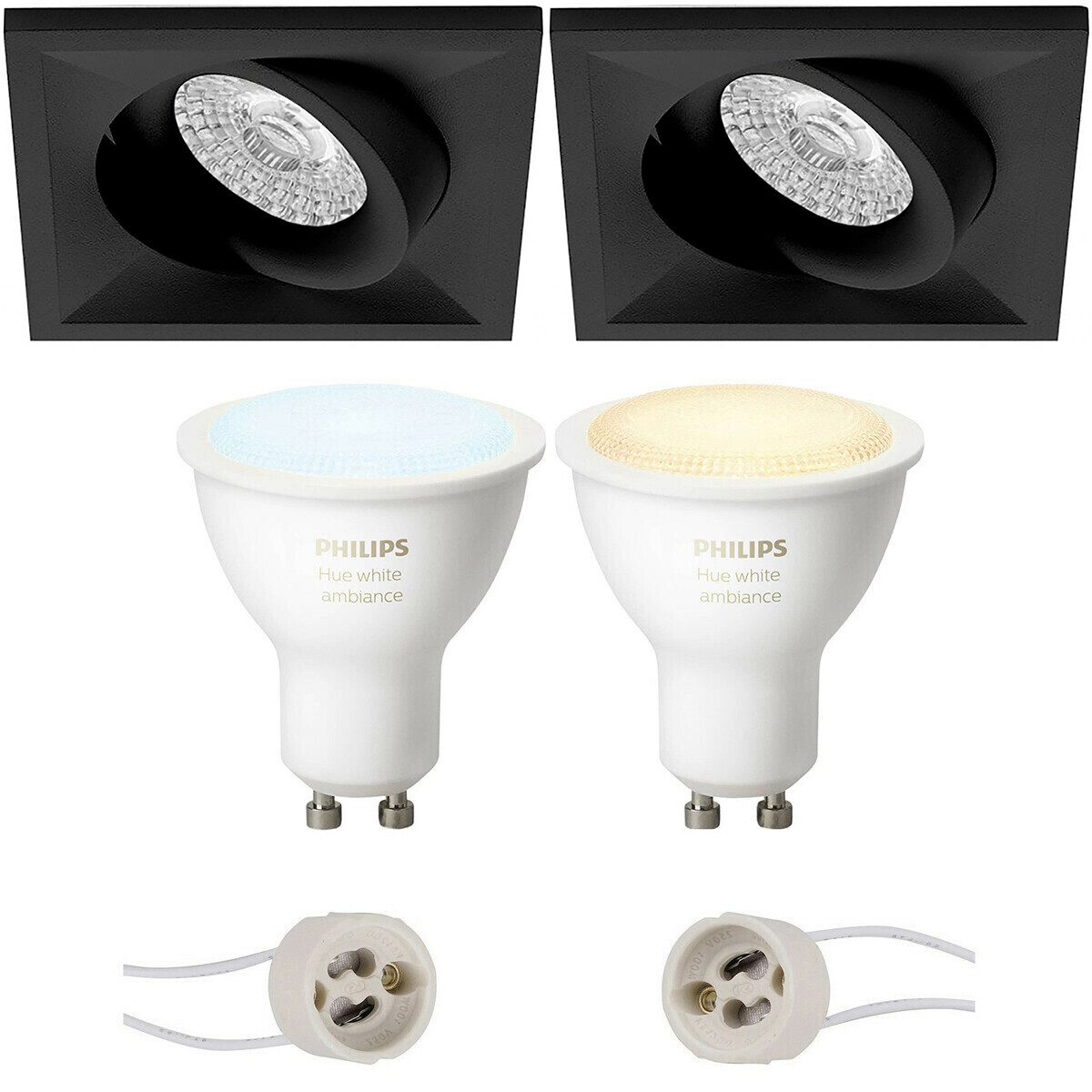 Pragmi Qiundo Pro - Inbouw Vierkant - Mat Zwart - Kantelbaar - 80mm - Philips Hue - LED Spot Set GU10 - White Ambiance - Bluetooth