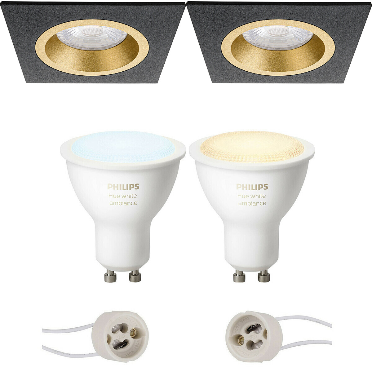 Pragmi Rodos Pro - Inbouw Vierkant - Mat Zwart/Goud - 93mm - Philips Hue - LED Spot Set GU10 - White Ambiance - Bluetooth