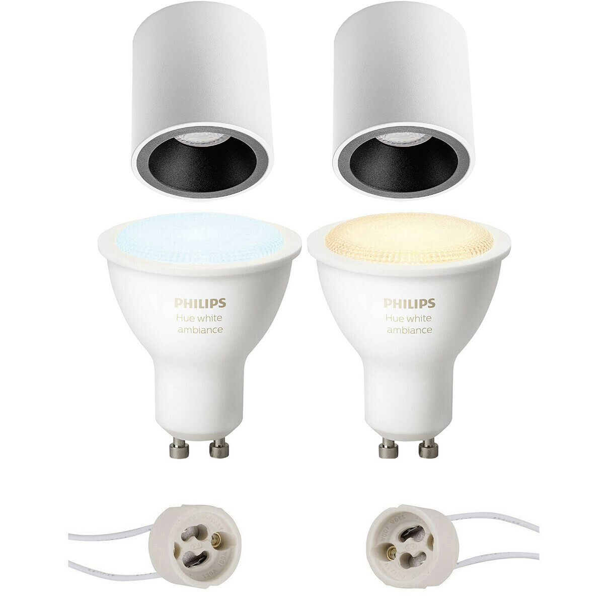 Pragmi Cliron Pro - Opbouw Rond - Mat Wit/Zwart - Verdiept - Ø90mm - Philips Hue - Opbouwspot Set GU10 - White Ambiance - Bluetooth