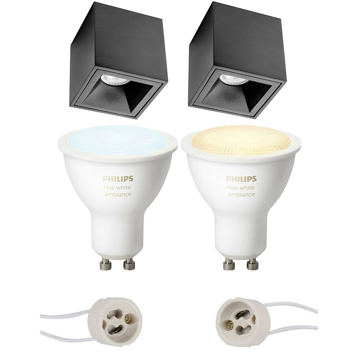 Pragmi Cliron Pro - Opbouw Vierkant - Mat Zwart - Verdiept - 90mm - Philips Hue - Opbouwspot Set GU10 - White Ambiance - Bluetooth