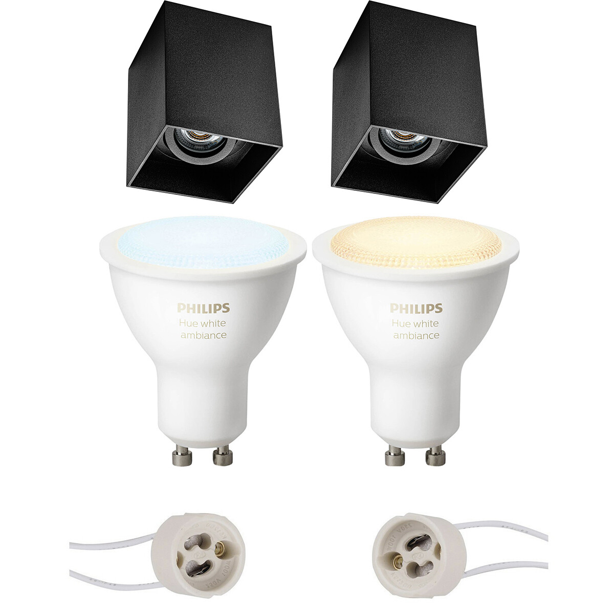 Pragmi Luxina Pro - Opbouw Vierkant - Mat Zwart - Verdiept - Kantelbaar - 90mm - Philips Hue - Opbouwspot Set GU10 - White Ambiance - Bluetooth