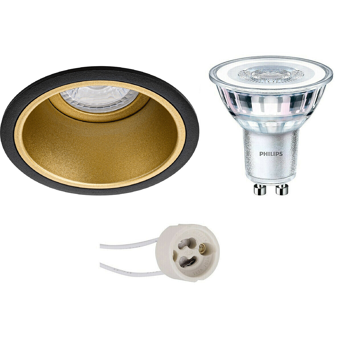 LED Spot Set - Pragmi Minko Pro - GU10 Fitting - Inbouw Rond - Mat Zwart/Goud - Verdiept - Ø90mm - Philips - CorePro 830 36D - 3.5W - Warm Wit 3000K