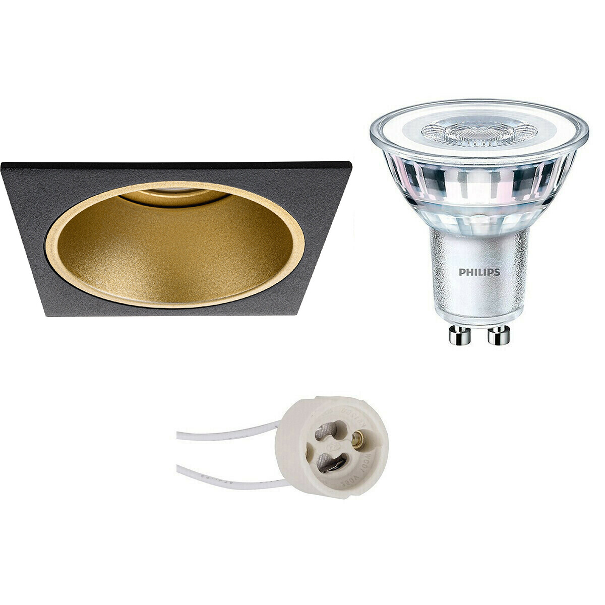 LED Spot Set - Pragmi Minko Pro - GU10 Fitting - Inbouw Vierkant - Mat Zwart/Goud - Verdiept - 90mm - Philips - CorePro 827 36D - 4W - Warm Wit 2700K - Dimbaar