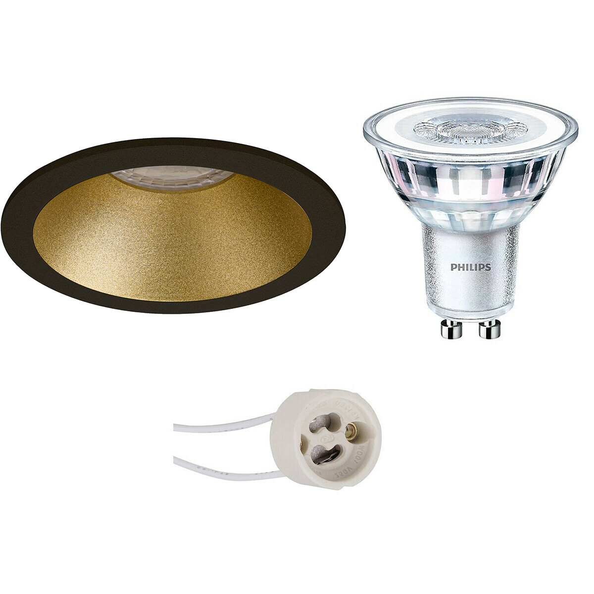 LED Spot Set - Pragmi Pollon Pro - GU10 Fitting - Inbouw Rond - Mat Zwart/Goud - Verdiept - Ø82mm - Philips - CorePro 840 36D - 5W - Natuurlijk Wit 4000K - Dimbaar