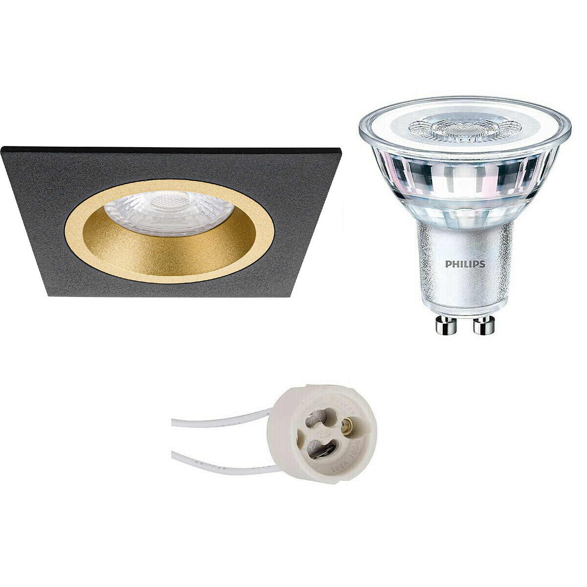 LED Spot Set - Pragmi Rodos Pro - GU10 Fitting - Inbouw Vierkant - Mat Zwart/Goud - 93mm - Philips - CorePro 830 36D - 3.5W - Warm Wit 3000K