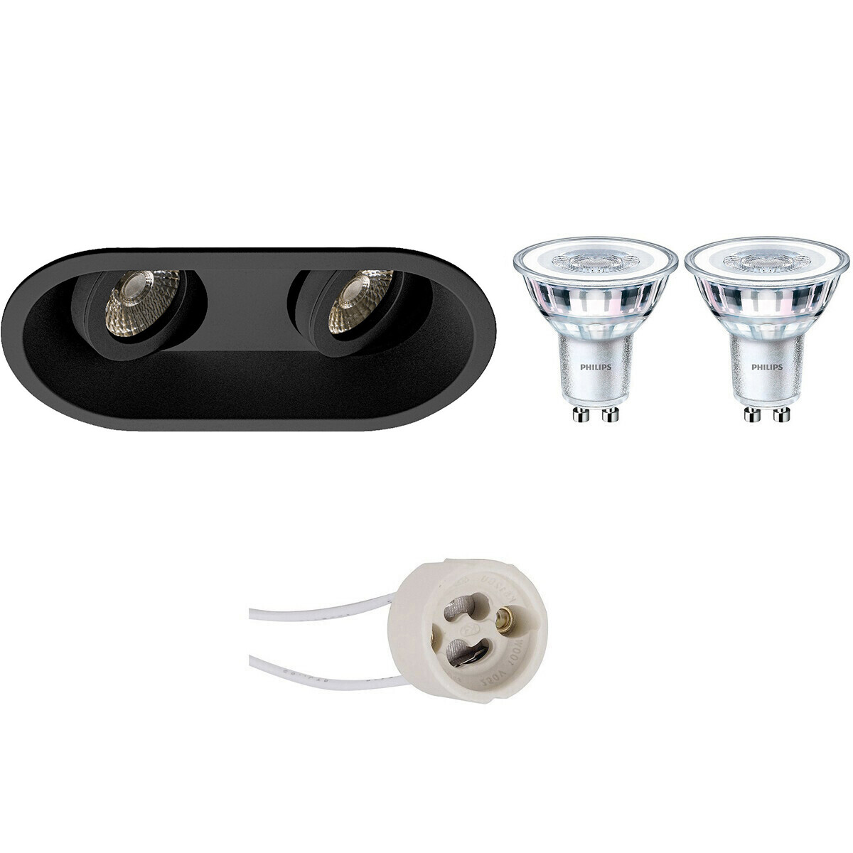 LED Spot Set - Pragmi Zano Pro - GU10 Fitting - Inbouw Ovaal Dubbel - Mat Zwart - Kantelbaar - 185x93mm - Philips - CorePro 827 36D - 3.5W - Warm Wit 2700K