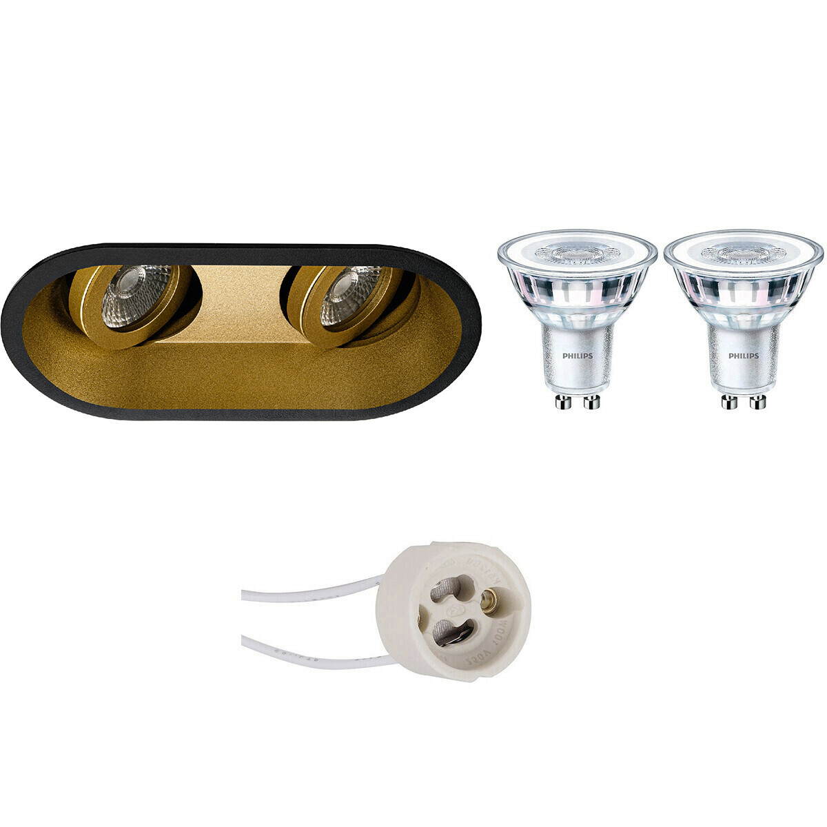 LED Spot Set - Pragmi Zano Pro - GU10 Fitting - Inbouw Ovaal Dubbel - Mat Zwart/Goud - Kantelbaar - 185x93mm - Philips - CorePro 827 36D - 3W - Warm Wit 2700K - Dimbaar