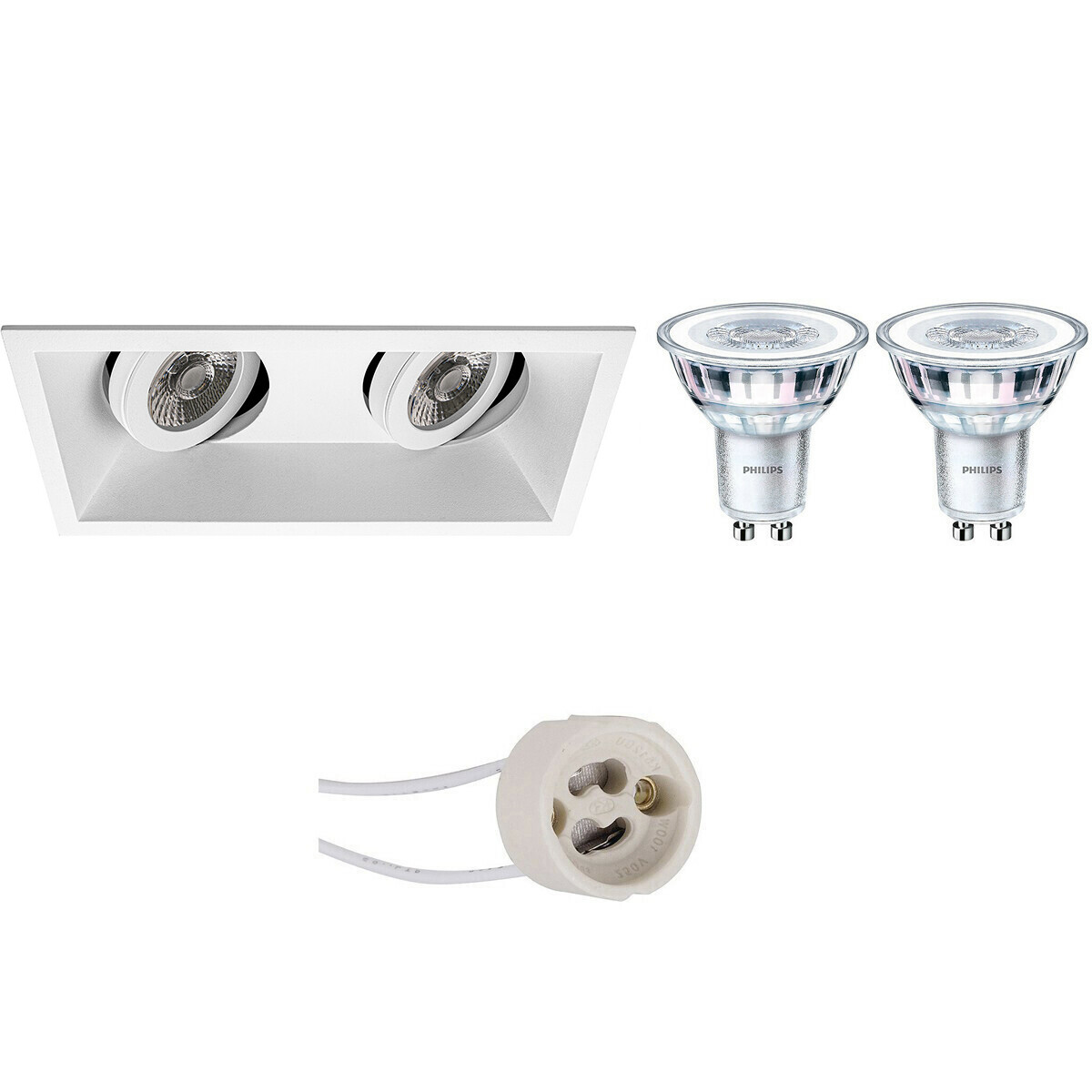 LED Spot Set - Pragmi Zano Pro - GU10 Fitting - Inbouw Rechthoek Dubbel - Mat Wit - Kantelbaar - 185x93mm - Philips - CorePro 827 36D - 4W - Zeer Warm Wit 2700K - Dimbaar