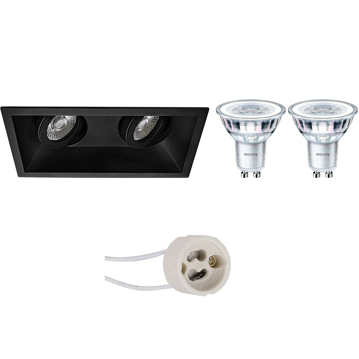 LED Spot Set - Pragmi Zano Pro - GU10 Fitting - Inbouw Rechthoek Dubbel - Mat Zwart - Kantelbaar - 185x93mm - Philips - CorePro 830 36D - 4.6W - Warm Wit 3000K