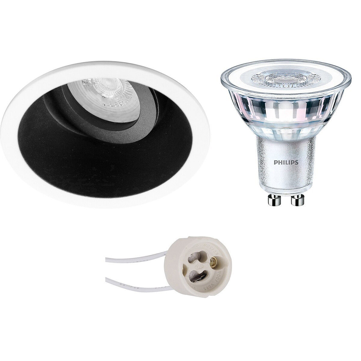 LED Spot Set - Pragmi Zano Pro - GU10 Fitting - Inbouw Rond - Mat Zwart/Wit - Kantelbaar - Ø93mm - Philips - CorePro 827 36D - 3.5W - Warm Wit 2700K