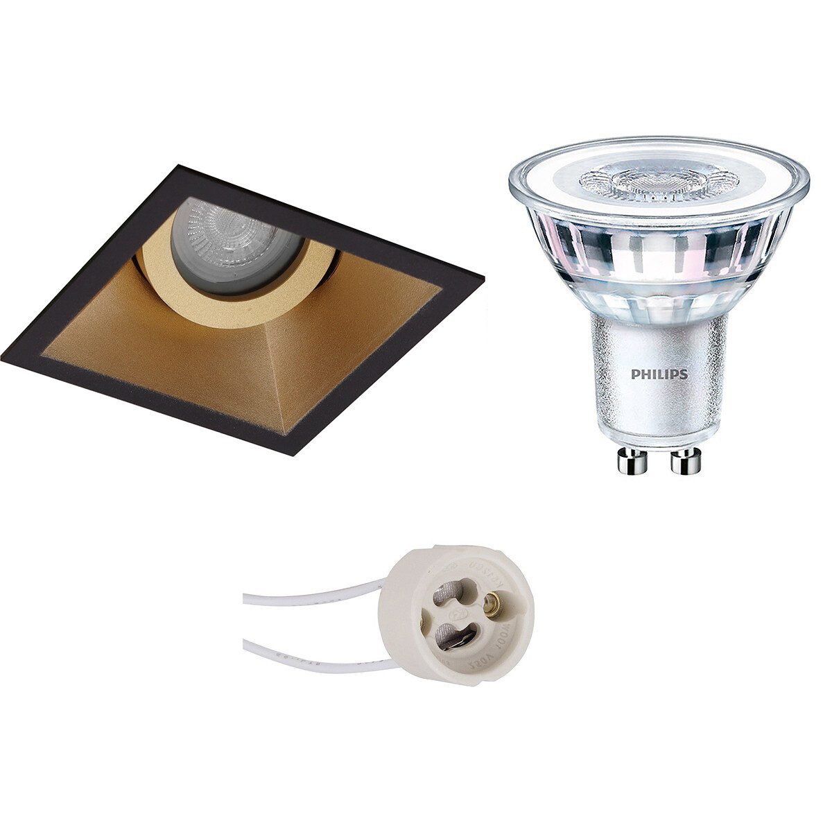 LED Spot Set - Pragmi Zano Pro - GU10 Fitting - Inbouw Vierkant - Mat Zwart/Goud - Kantelbaar - 93mm - Philips - CorePro 830 36D - 4W - Warm Wit 3000K - Dimbaar