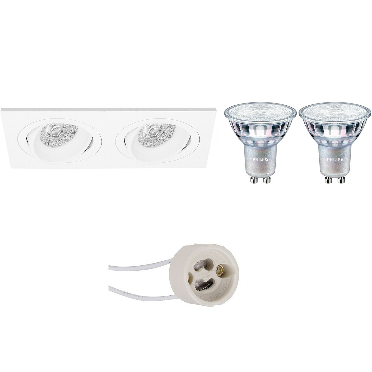 LED Spot Set - Pragmi Borny Pro - GU10 Fitting - Inbouw Rechthoek Dubbel - Mat Wit - Kantelbaar - 175x92mm - Philips - MASTER 927 36D VLE - 4.9W - Warm Wit 2200K-2700K - DimTone Dimbaar