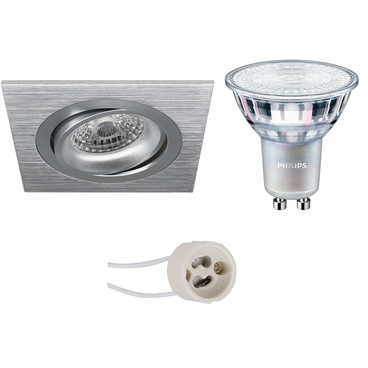 LED Spot Set - Pragmi Borny Pro - GU10 Fitting - Inbouw Vierkant - Mat Zilver - Kantelbaar - 92mm - Philips - MASTER 927 36D VLE - 4.9W - Warm Wit 2200K-2700K - DimTone Dimbaar