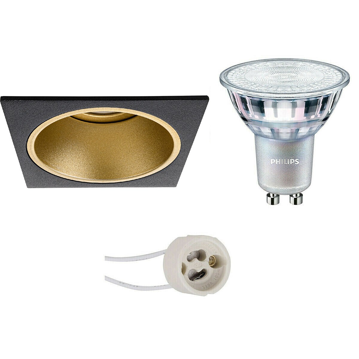 LED Spot Set - Pragmi Minko Pro - GU10 Fitting - Inbouw Vierkant - Mat Zwart/Goud - Verdiept - 90mm - Philips - MASTER 927 36D VLE - 3.7W - Warm Wit 2200K-2700K - DimTone Dimbaar