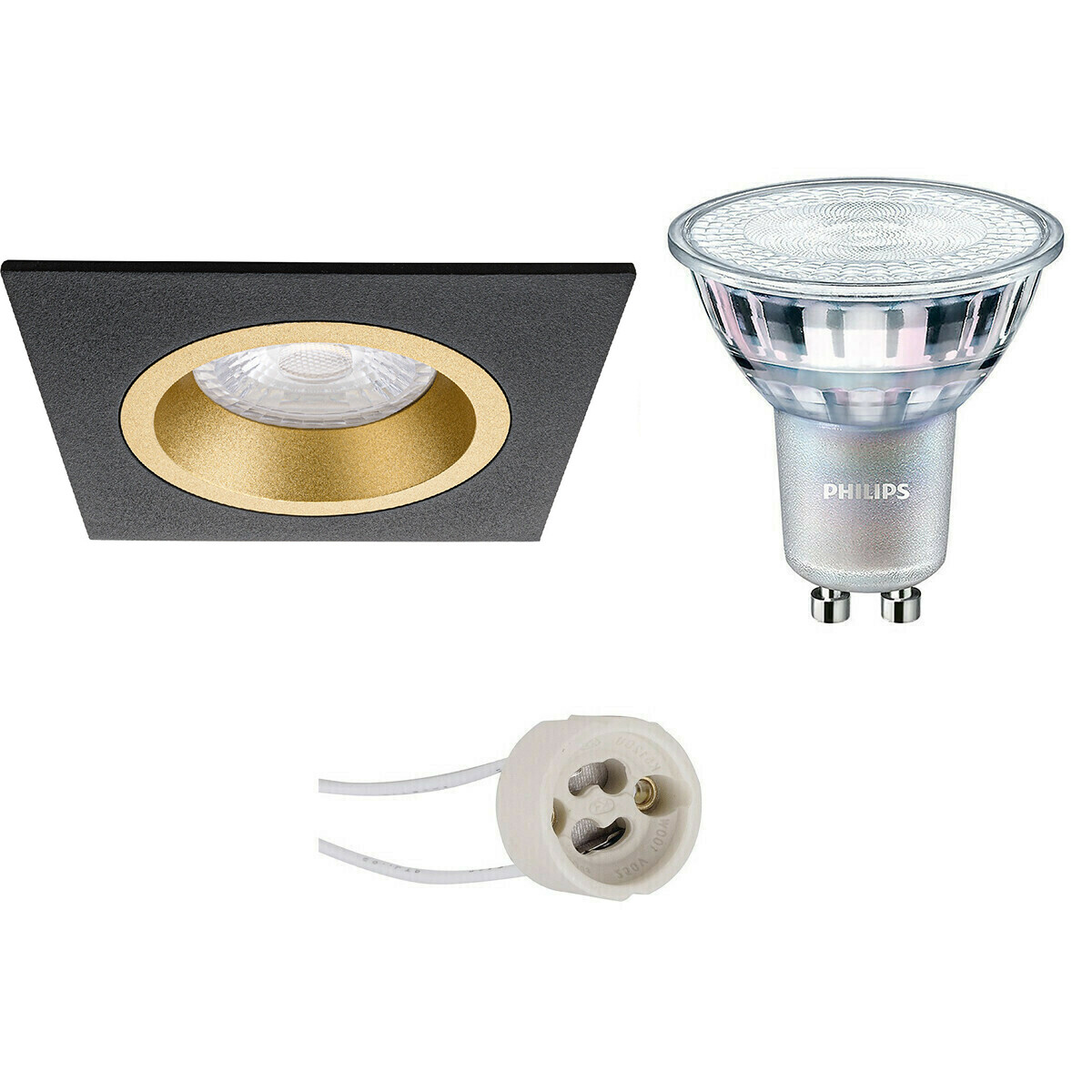 LED Spot Set - Pragmi Rodos Pro - GU10 Fitting - Inbouw Vierkant - Mat Zwart/Goud - 93mm - Philips - MASTER 927 36D VLE - 3.7W - Warm Wit 2200K-2700K - DimTone Dimbaar