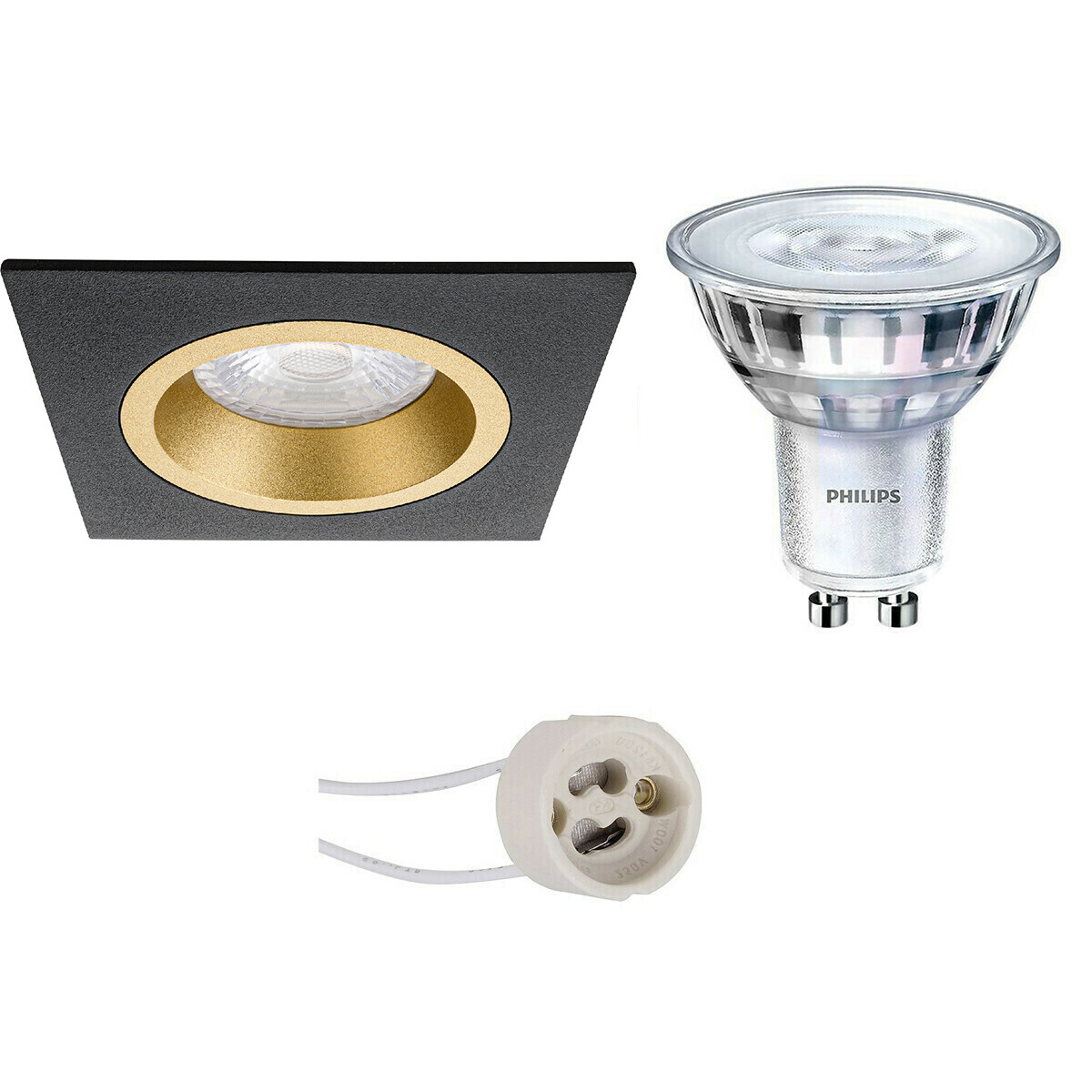 LED Spot Set - Pragmi Rodos Pro - GU10 Fitting - Inbouw Vierkant - Mat Zwart/Goud - 93mm - Philips - SceneSwitch 827 36D - 1.5W-5W - Warm Wit 2200K-2700K - Dimbaar