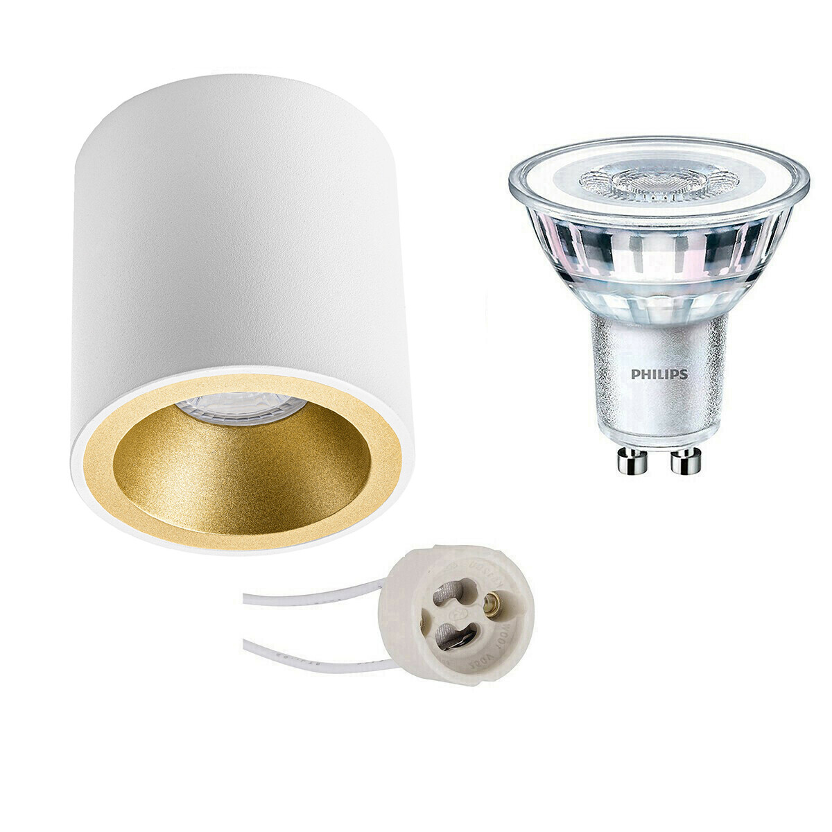 Opbouwspot Set - Pragmi Cliron Pro - GU10 Fitting - Opbouw Rond - Mat Wit/Goud - Verdiept - Ø90mm - Philips - CorePro 830 36D - 4W - Warm Wit 3000K - Dimbaar