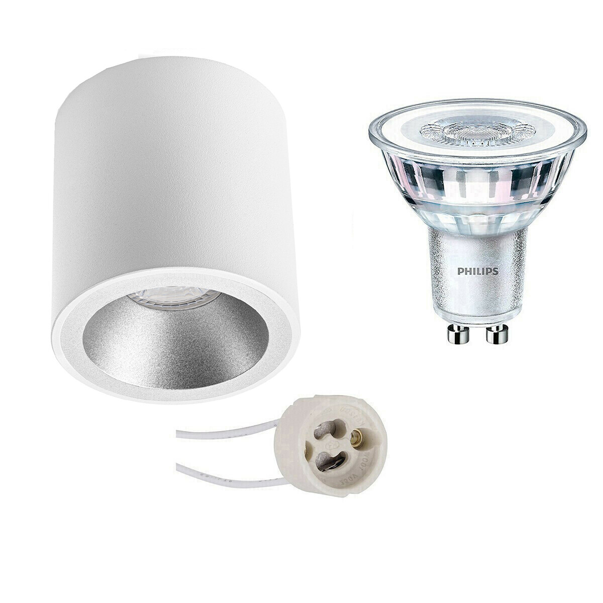 Opbouwspot Set - Pragmi Cliron Pro - GU10 Fitting - Opbouw Rond - Mat Wit/Zilver - Verdiept - Ø90mm - Philips - CorePro 830 36D - 4.6W - Warm Wit 3000K