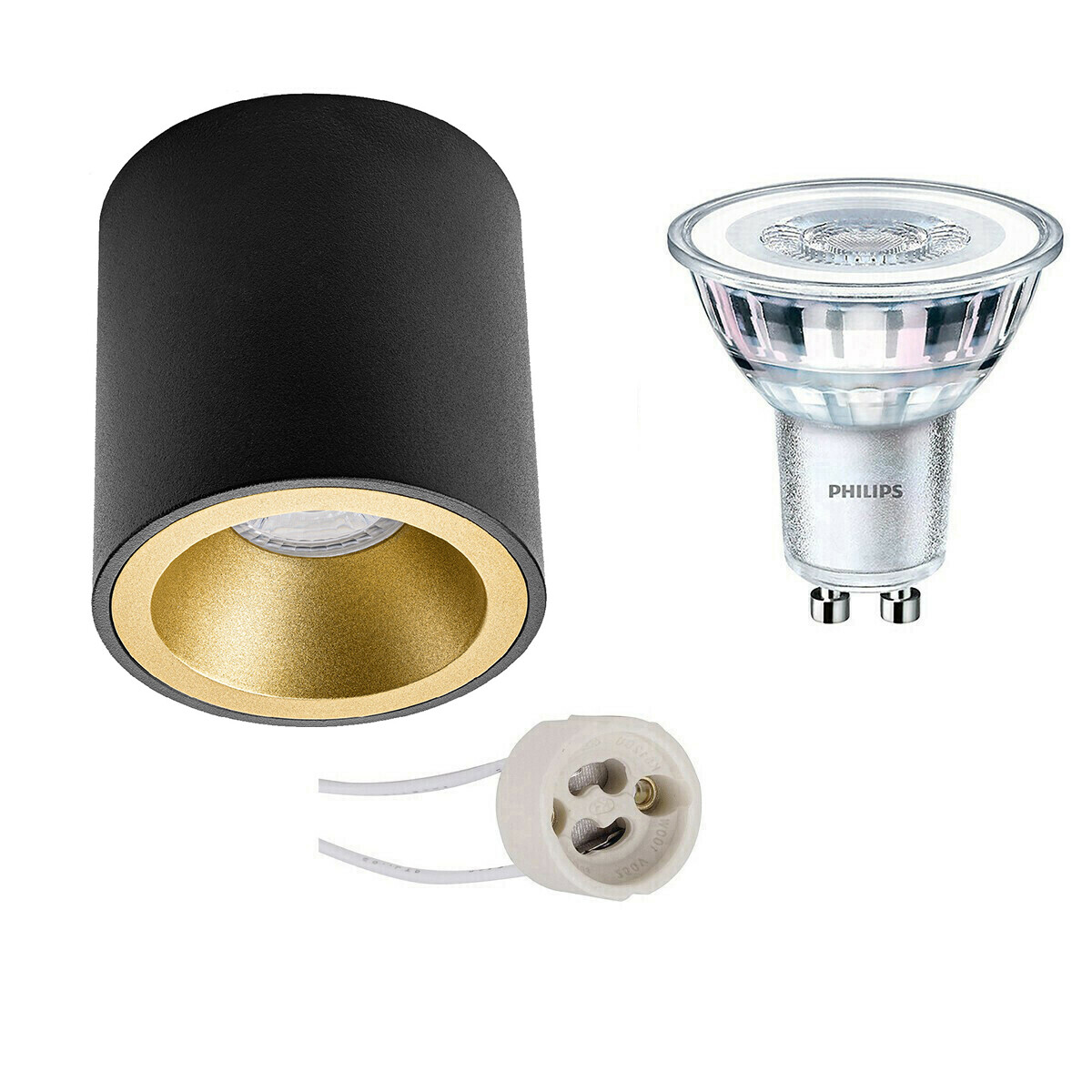 Opbouwspot Set - Pragmi Cliron Pro - GU10 Fitting - Opbouw Rond - Mat Zwart/Goud - Verdiept - Ø90mm - Philips - CorePro 827 36D - 3.5W - Warm Wit 2700K