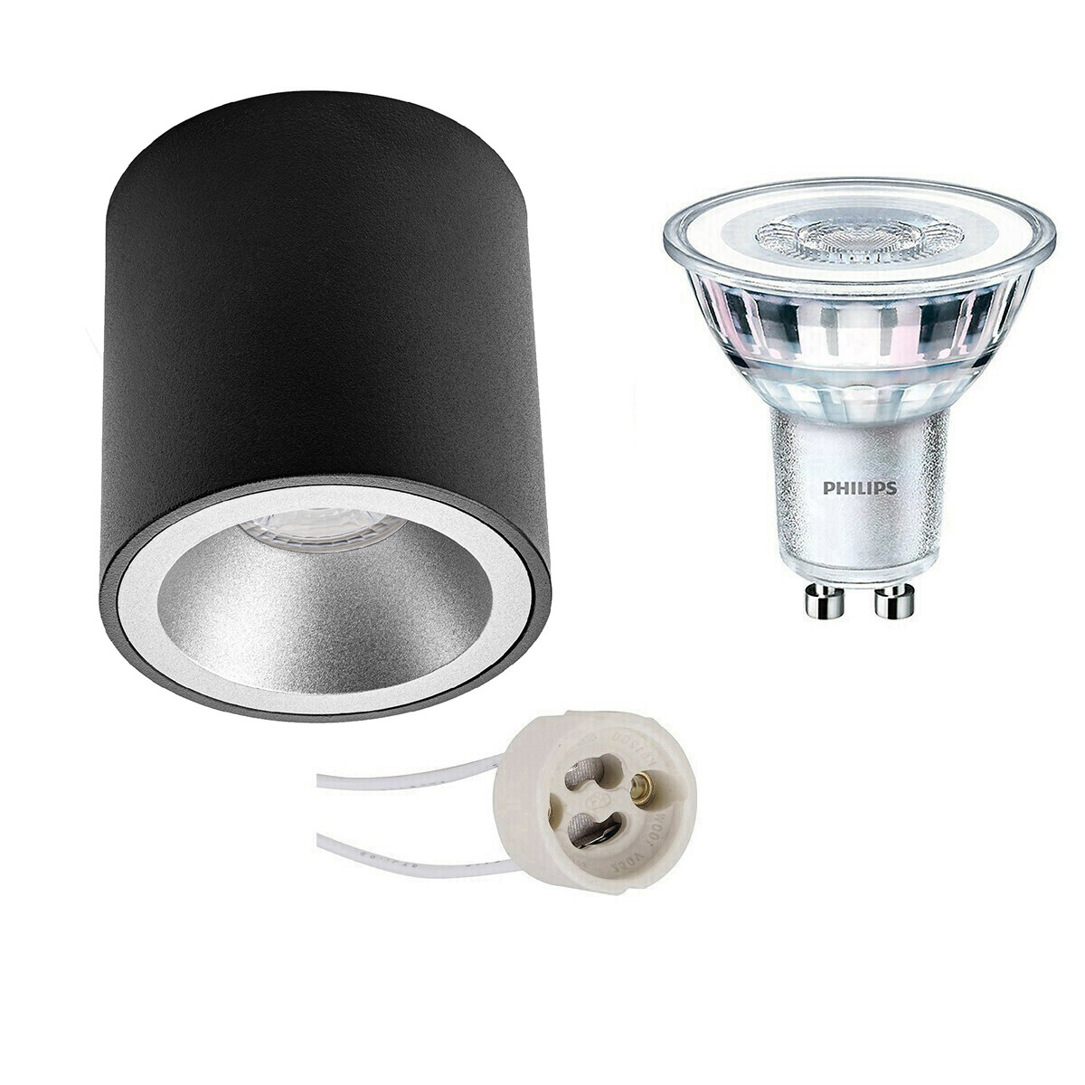 Opbouwspot Set - Pragmi Cliron Pro - GU10 Fitting - Opbouw Rond - Mat Zwart/Zilver - Verdiept - Ø90mm - Philips - CorePro 830 36D - 3.5W - Warm Wit 3000K