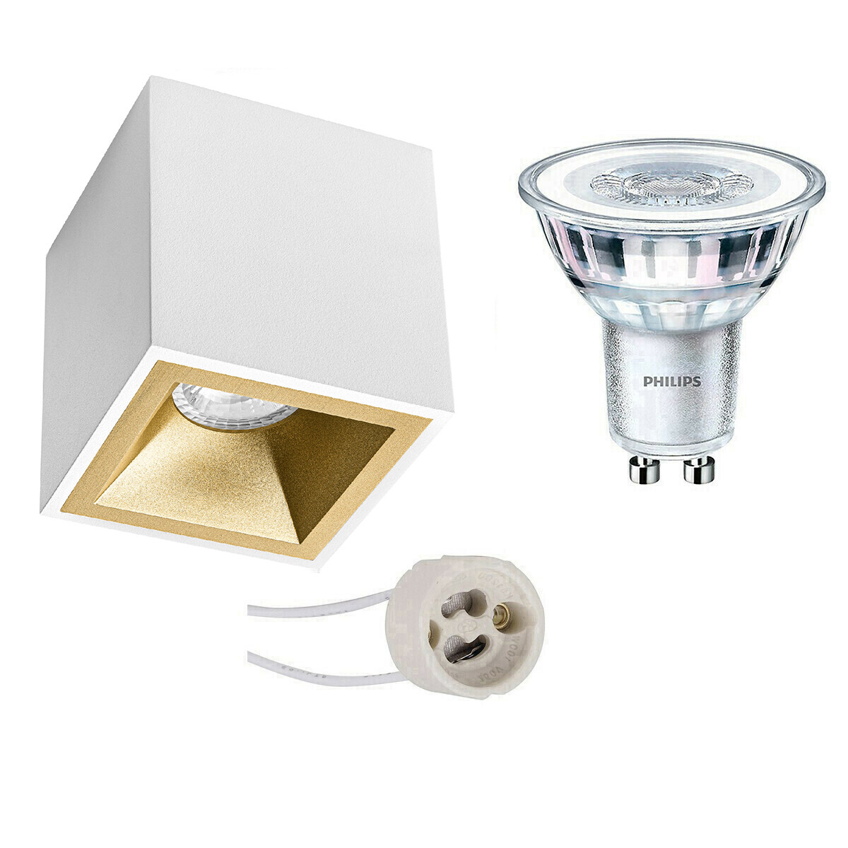 Opbouwspot Set - Pragmi Cliron Pro - GU10 Fitting - Opbouw Vierkant - Mat Wit/Goud - Verdiept - 90mm - Philips - CorePro 827 36D - 4.6W - Warm Wit 2700K