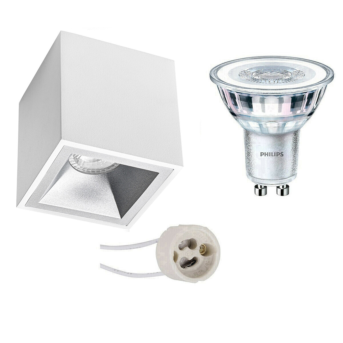 Opbouwspot Set - Pragmi Cliron Pro - GU10 Fitting - Opbouw Vierkant - Mat Wit/Zilver - Verdiept - 90mm - Philips - CorePro 827 36D - 4W - Warm Wit 2700K - Dimbaar