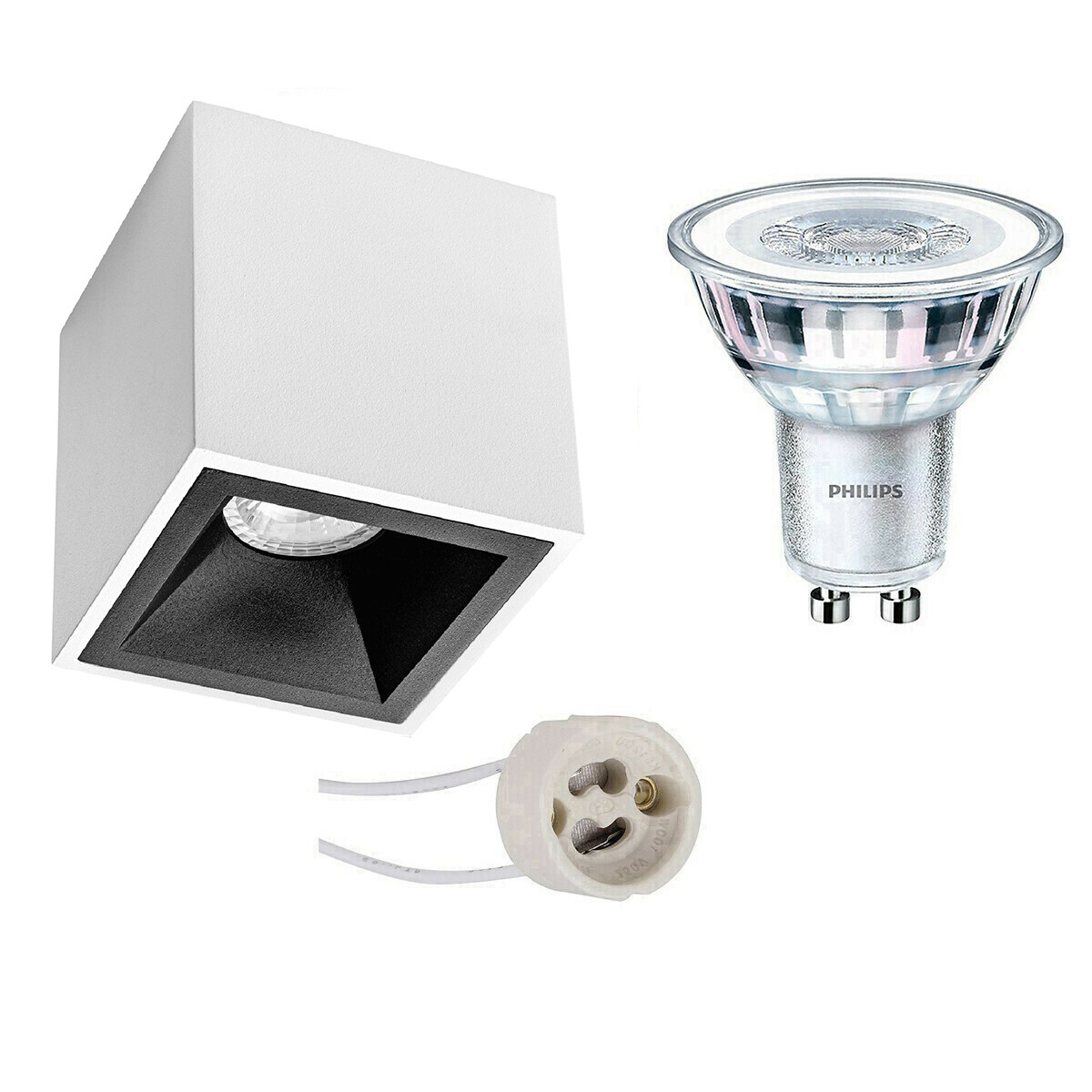 Opbouwspot Set - Pragmi Cliron Pro - GU10 Fitting - Opbouw Vierkant - Mat Wit/Zwart - Verdiept - 90mm - Philips - CorePro 830 36D - 3.5W - Warm Wit 3000K