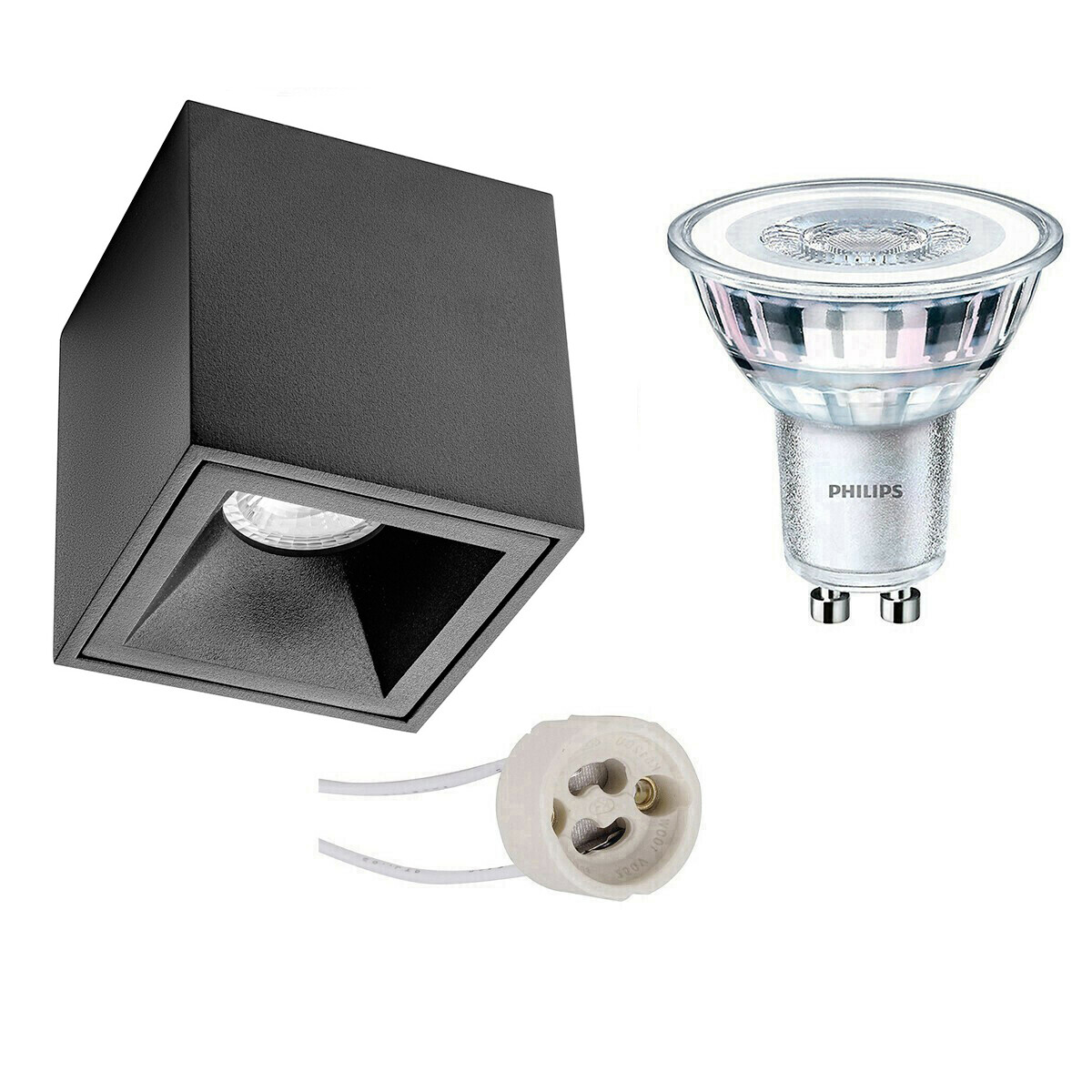 Opbouwspot Set - Pragmi Cliron Pro - GU10 Fitting - Opbouw Vierkant - Mat Zwart - Verdiept - 90mm - Philips - CorePro 840 36D - 4.6W - Natuurlijk Wit 4000K