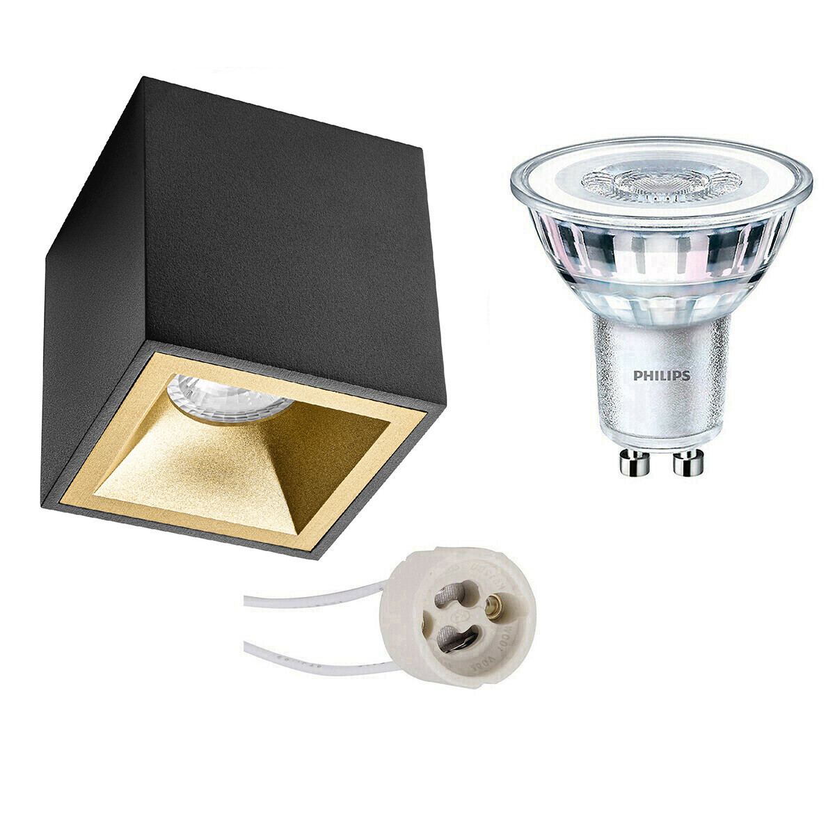 Opbouwspot Set - Pragmi Cliron Pro - GU10 Fitting - Opbouw Vierkant - Mat Zwart/Goud - Verdiept - 90mm - Philips - CorePro 840 36D - 4.6W - Natuurlijk Wit 4000K