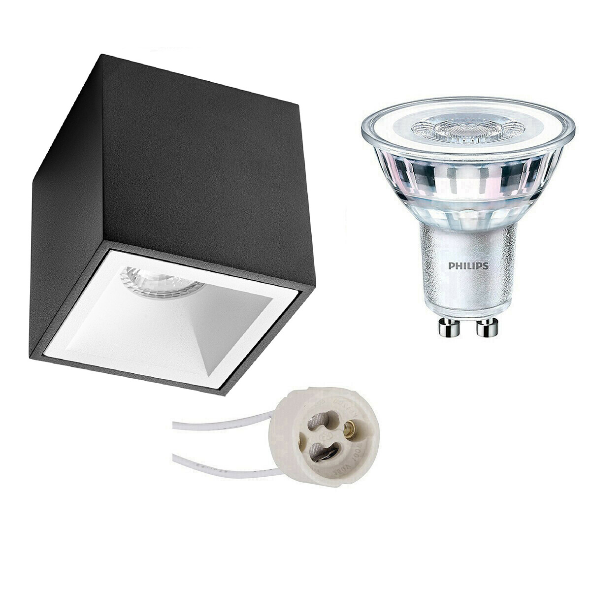 Opbouwspot Set - Pragmi Cliron Pro - GU10 Fitting - Opbouw Vierkant - Mat Zwart/Wit - Verdiept - 90mm - Philips - CorePro 827 36D - 4.6W - Warm Wit 2700K