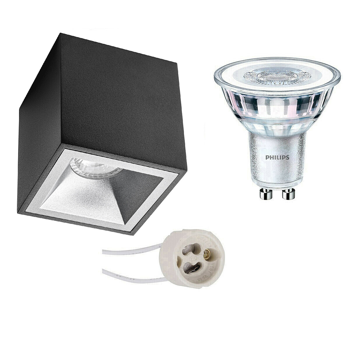 Opbouwspot Set - Pragmi Cliron Pro - GU10 Fitting - Opbouw Vierkant - Mat Zwart/Zilver - Verdiept - 90mm - Philips - CorePro 840 36D - 4W - Natuurlijk Wit 4000K - Dimbaar